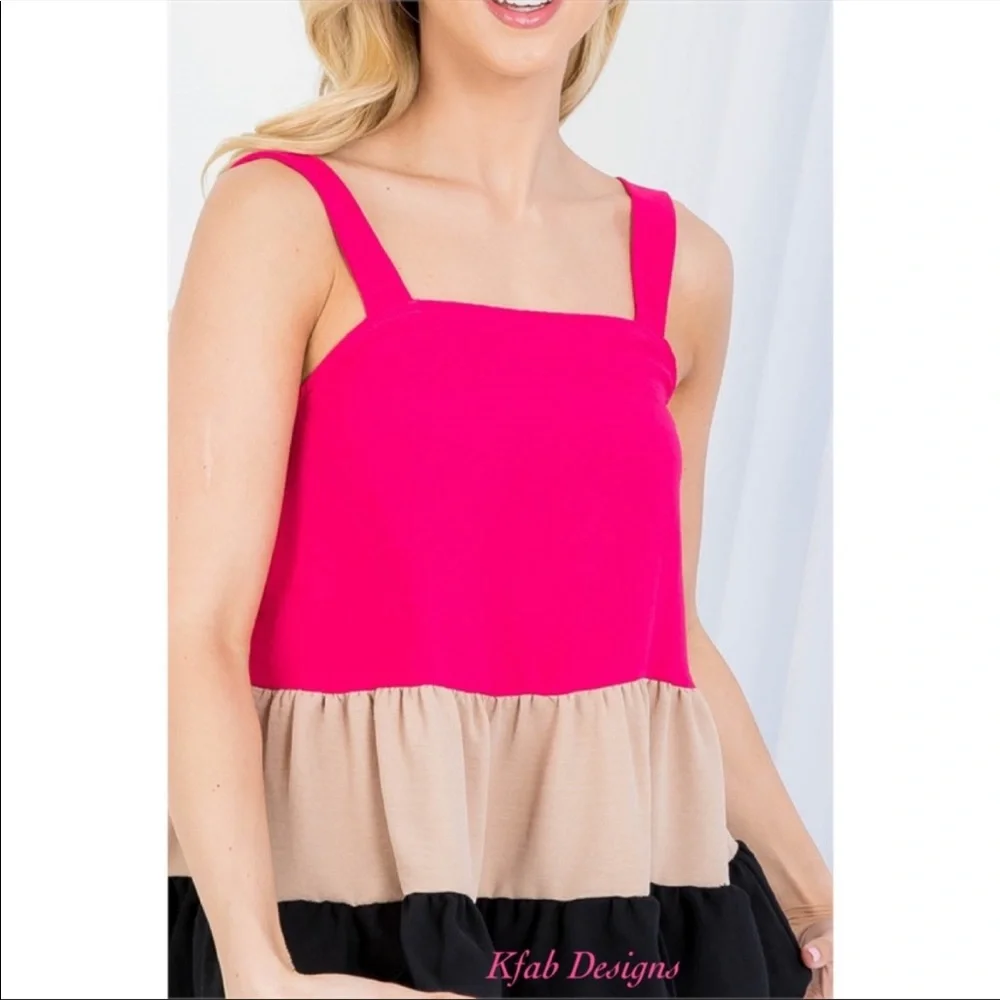 ❤️LAST 1! Fuchsia Square Neckline Tiered Ruffle Color Block Top! - Picture 7 of 7